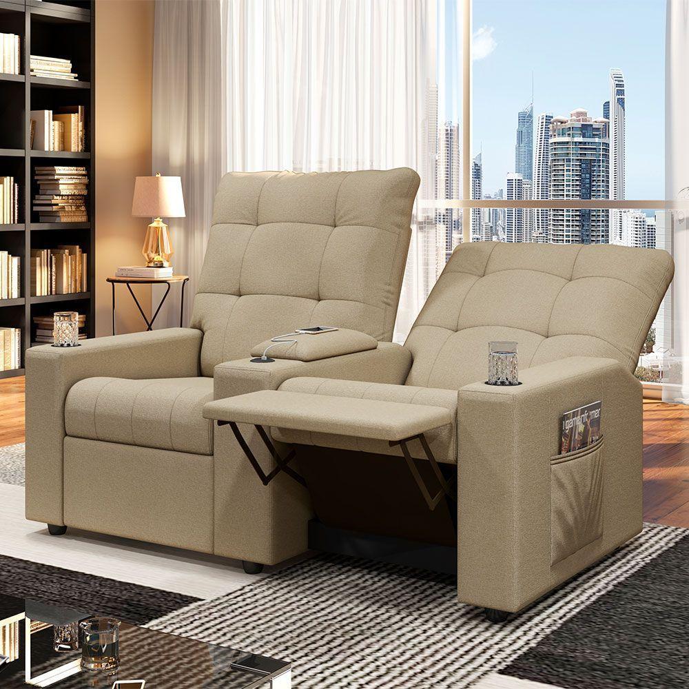 Poltrona Reclinável Para Cinema Parma 2 Lugares Baú Usb Linho Bege Fh1 - D'rossi - 5