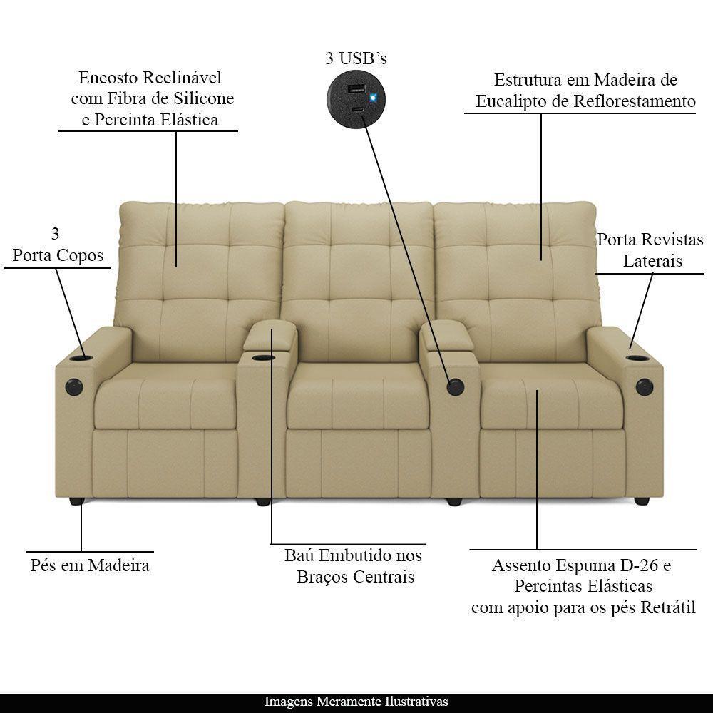 Poltrona Reclinável Para Cinema Parma 3 Lugares Baú Usb Veludo Bege Fh1 - D'rossi - 7