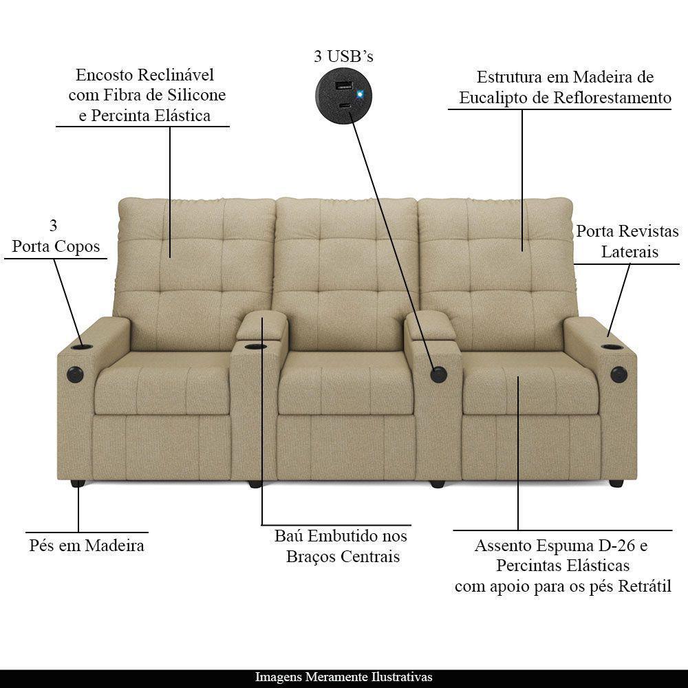 Poltrona Reclinável Para Cinema Parma 3 Lugares Baú Usb Linho Fh1 - D'rossi Cor Bege - 7
