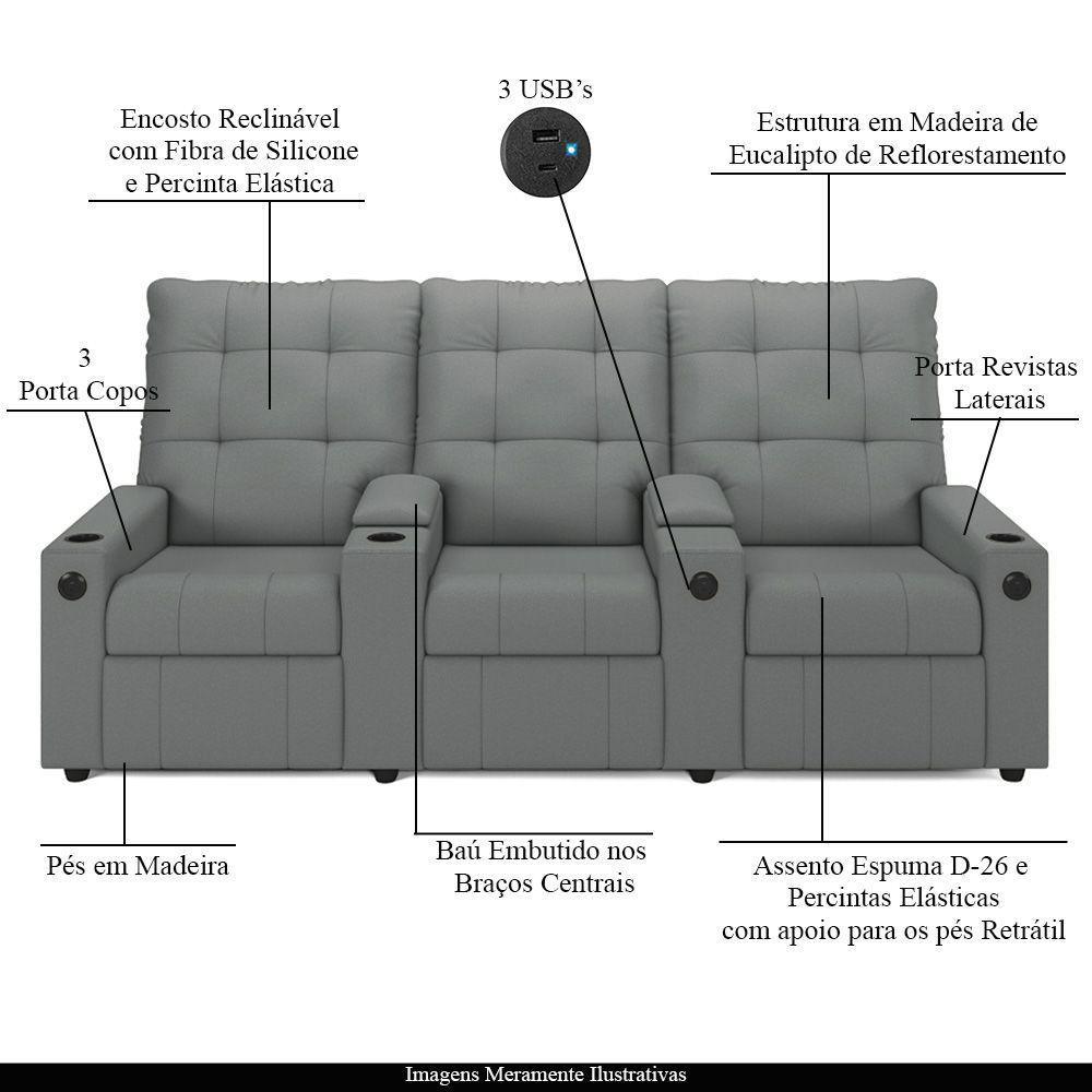 Poltrona Reclinável Para Cinema Parma 3 Lugares Baú Usb Pu Fh1 - D'rossi Cor Cinza - 7