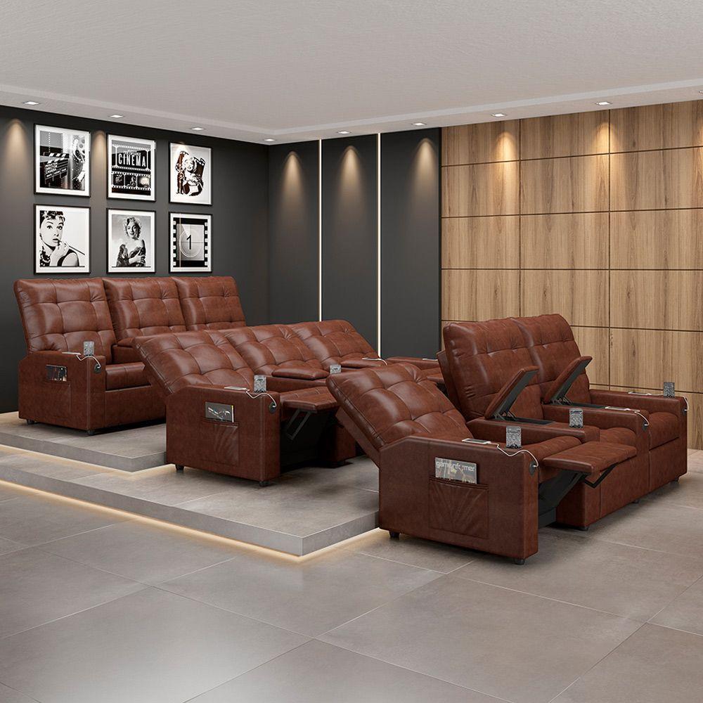 Poltrona Reclinável Para Cinema Parma 3 Lugares Baú Usb Pu Marrom Brilho Fh1 - D'rossi - 6