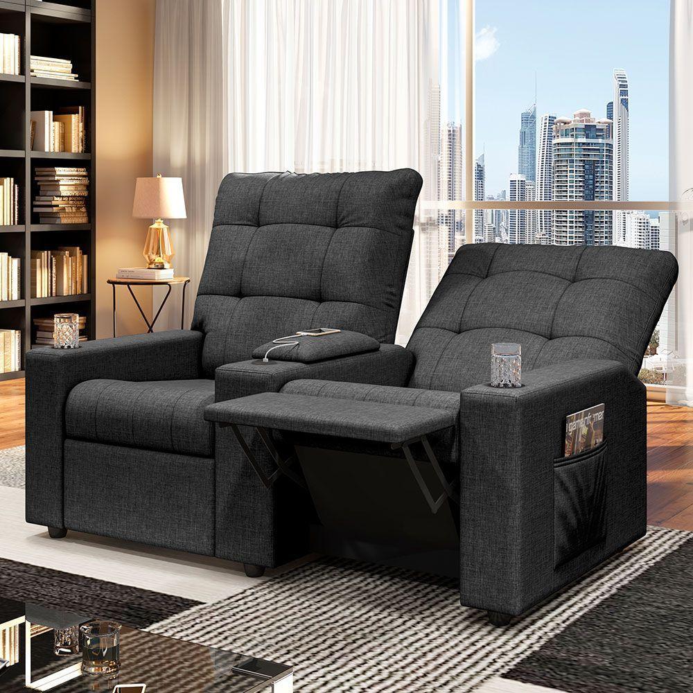 Poltrona Reclinável Para Cinema Parma 2 Lugares Baú Usb Linho Fh1 - D'rossi Cor Grafite - 6