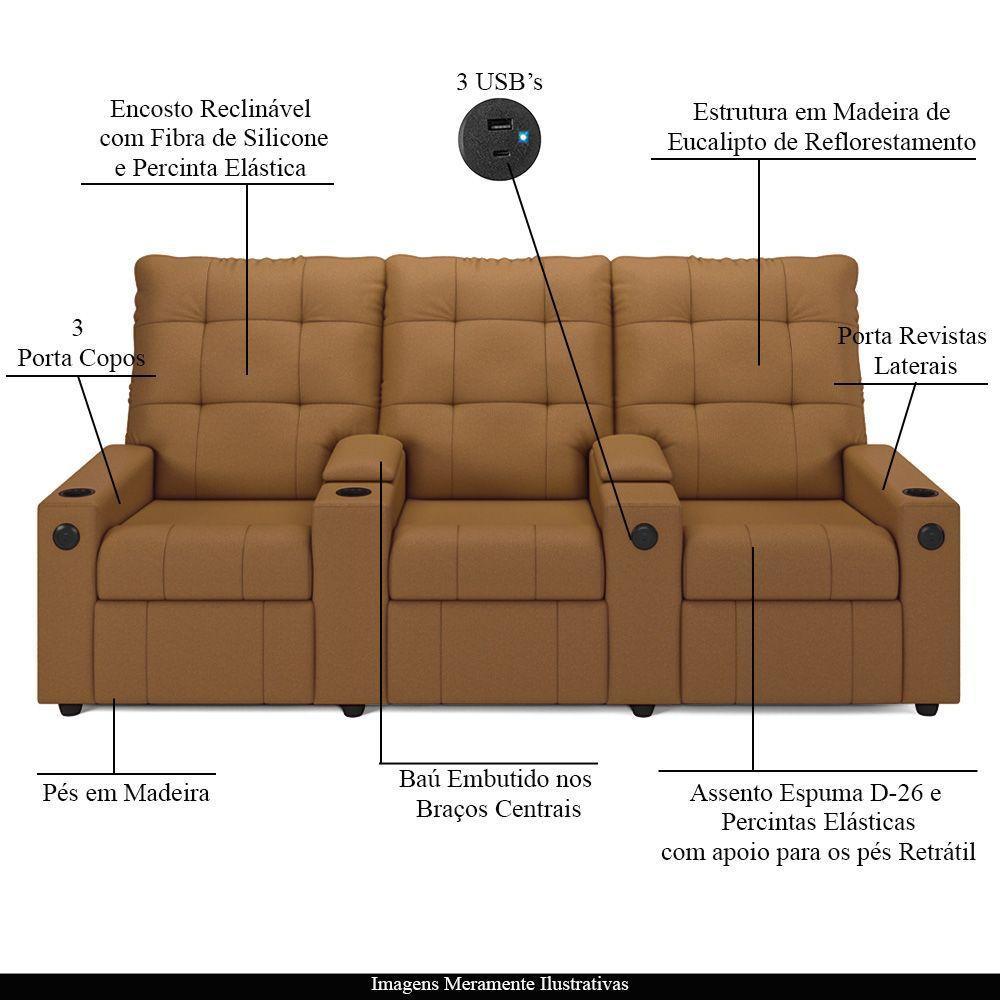Poltrona Reclinável Para Cinema Parma 3 Lugares Baú Usb Pu Fh1 - D'rossi Cor Caramelo - 7