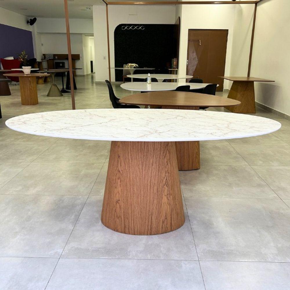 Mesa De Jantar Cone Oval 160x90 Cm Tampo Marmorizado Calacata Bronze - Base Freijó Marrom - 1