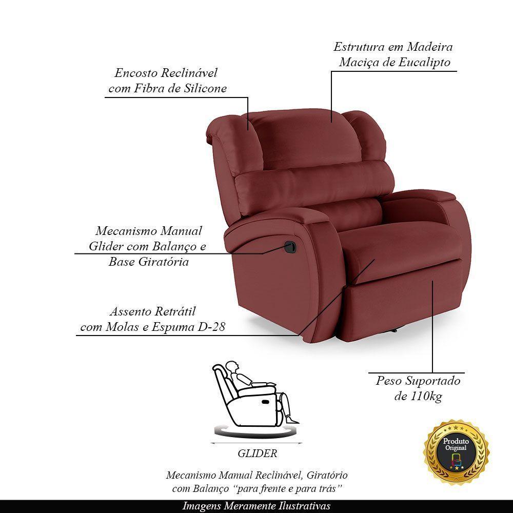 Poltrona Do Papai Sala De Cinema Reclinável Manchester Glider Manual Giratória Pu Vermelho - 6