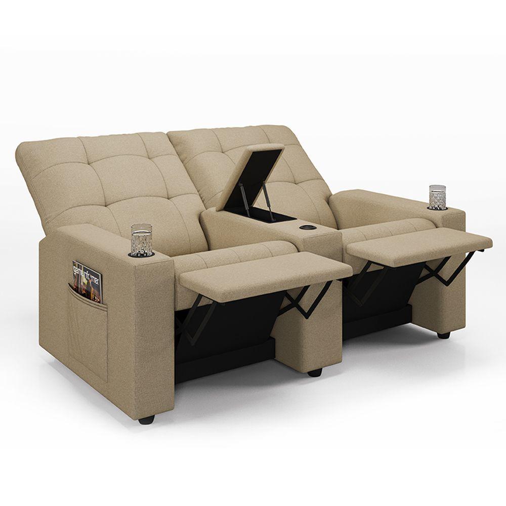 Poltrona Do Papai Reclinável Sala De Cinema 2 Lugares Manual Baú Usb Linho Bege - 1