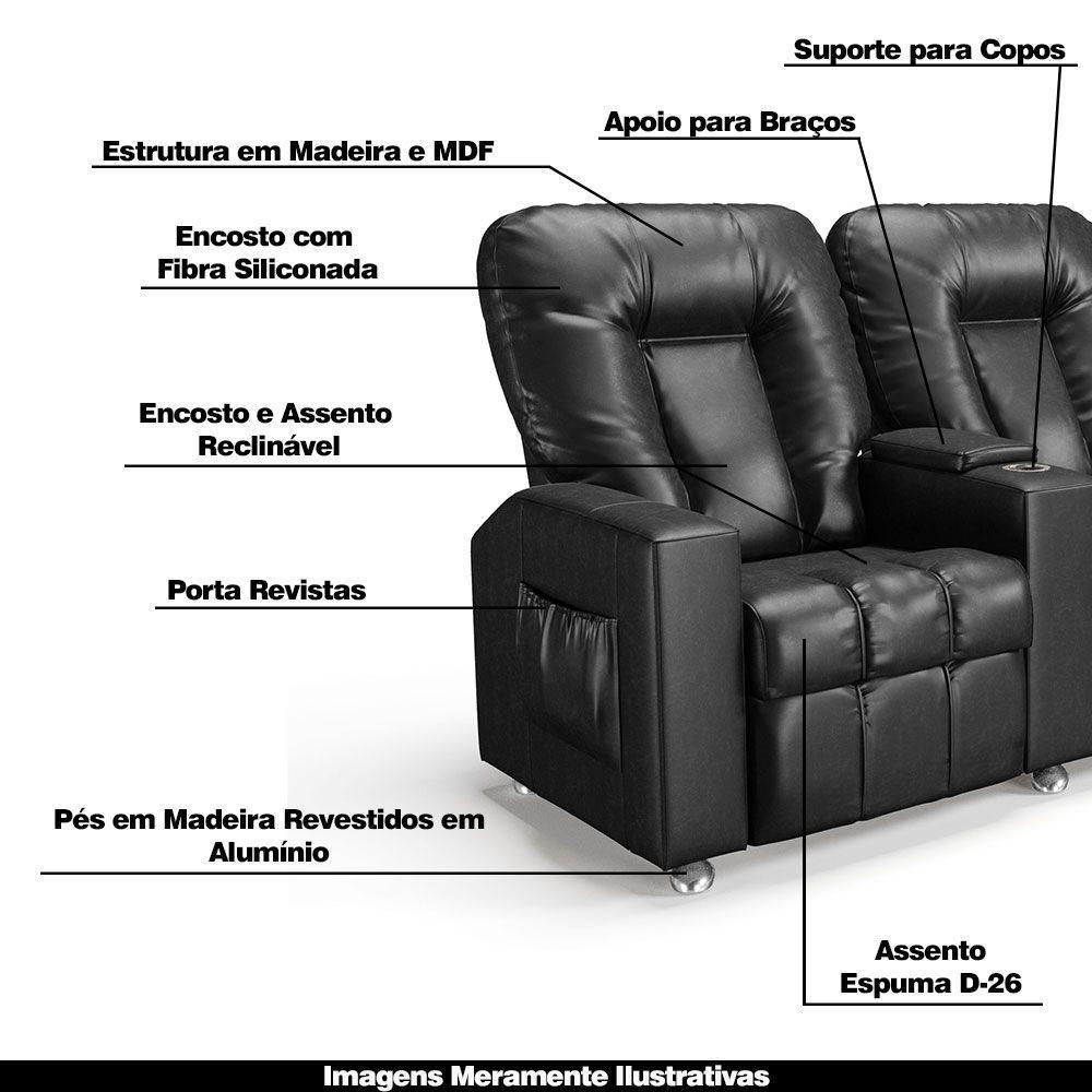 Poltrona Do Papai Reclinável 3 Lugares Sala De Cinema Arsenal Manual Pu Preto - 6