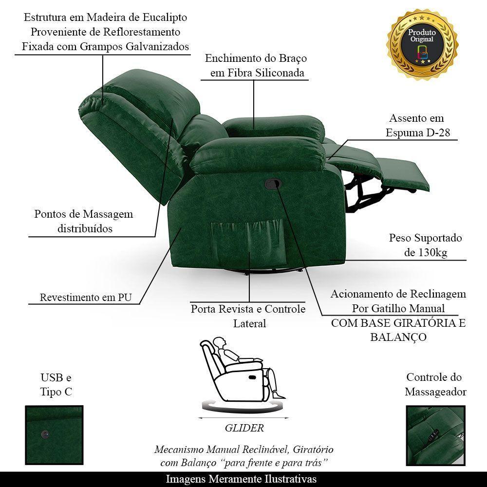 Poltrona Do Papai Reclinável Sala De Cinema Barcelona Glider Giratória Massagem Verde Musgo - 6