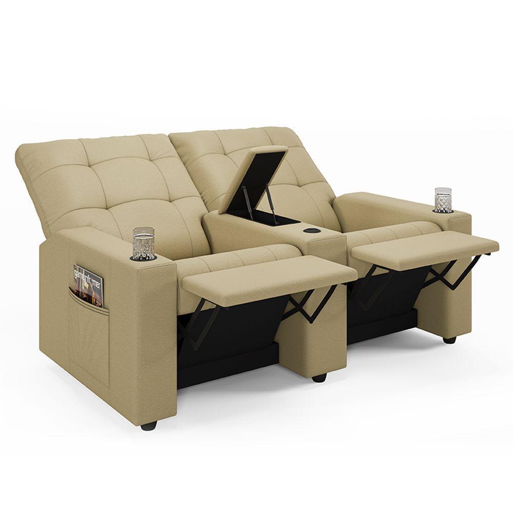Poltrona Do Papai Reclinável Sala De Cinema 2 Lugares Manual Baú Usb Pu Bege - 1