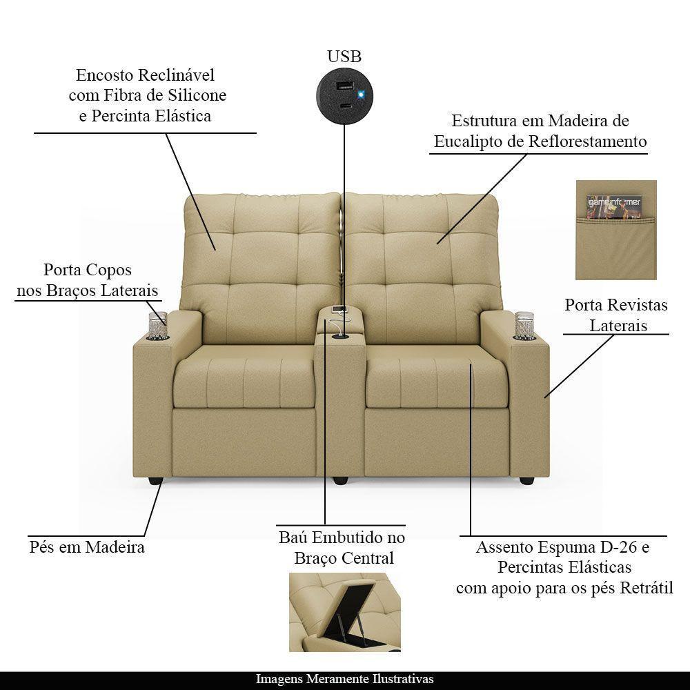 Poltrona Do Papai Reclinável Sala De Cinema 2 Lugares Manual Baú Usb Pu Bege - 6