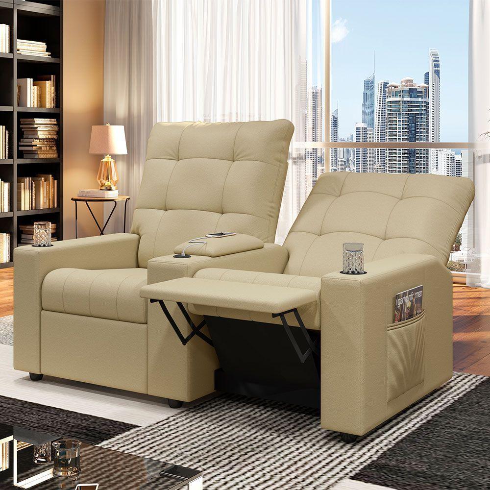 Poltrona Do Papai Reclinável Sala De Cinema 2 Lugares Manual Baú Usb Pu Bege - 7