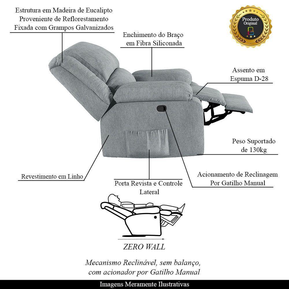 Poltrona Do Papai Reclinável Sala De Cinema Barcelona Manual Linho Cinza - 6
