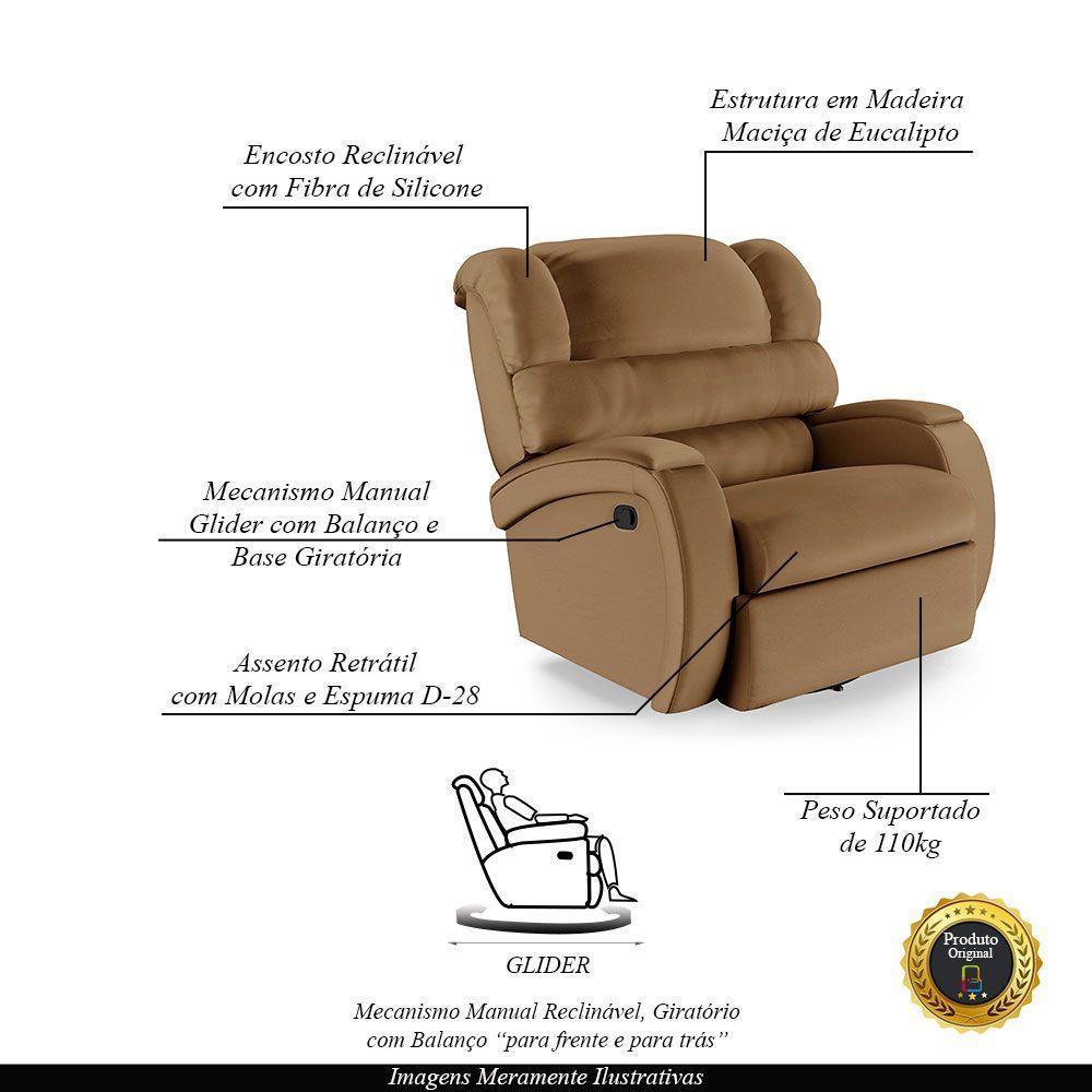 Poltrona Do Papai Sala De Cinema Reclinável Manchester Glider Manual Giratória Pu Caramelo - 6