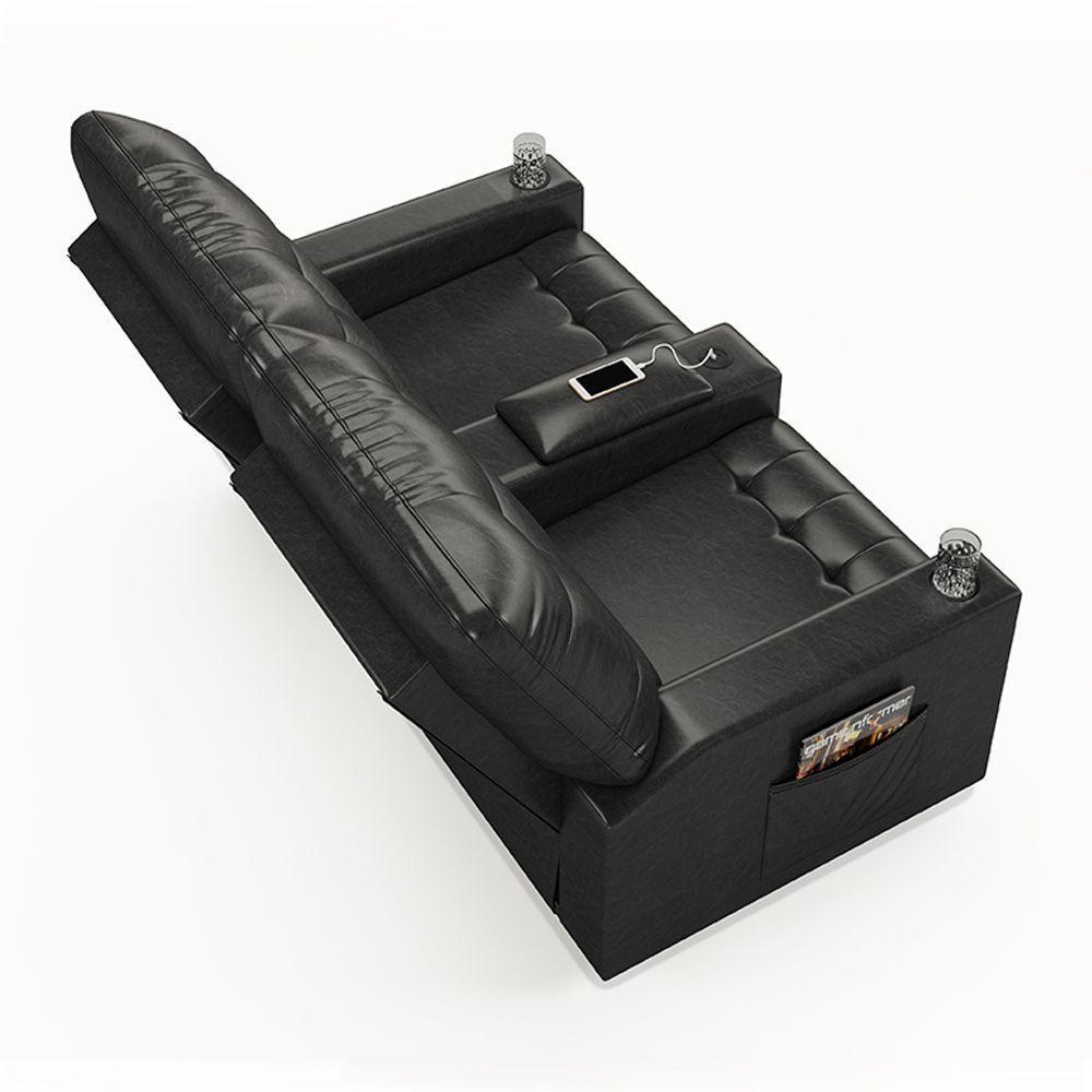 Poltrona Do Papai Reclinável Sala De Cinema 2 Lugares Manual Baú Usb Pu Preto Brilho - 8