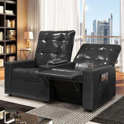 Poltrona Do Papai Reclinável Sala De Cinema 2 Lugares Manual Baú Usb Pu Preto Brilho
