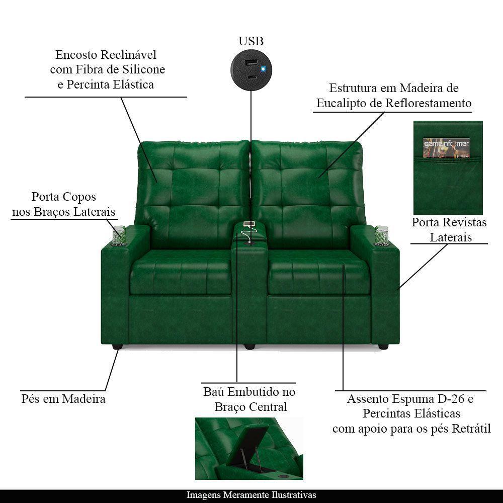 Poltrona Do Papai Reclinável Sala De Cinema 2 Lugares Manual Baú Usb Pu Verde Musgo - 6