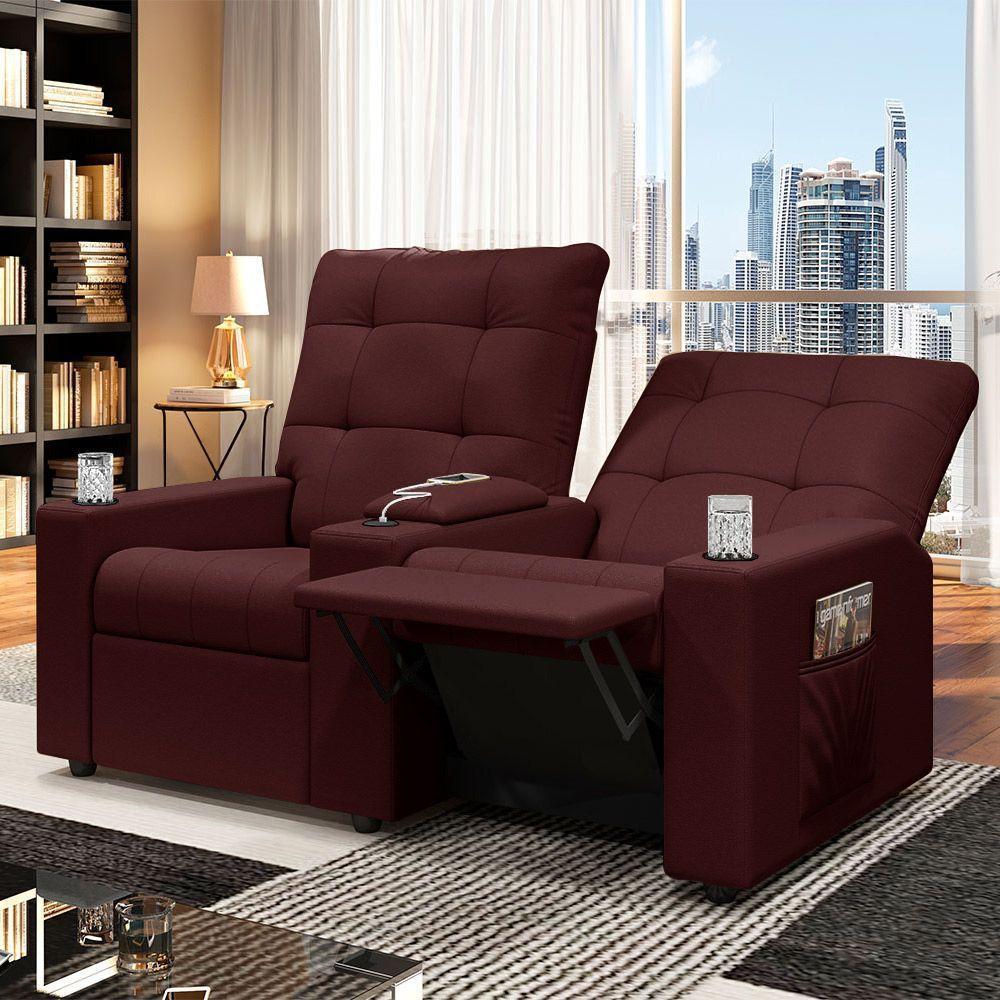 Poltrona Do Papai Reclinável Sala De Cinema 2 Lugares Manual Baú Usb Veludo Vinho - 7