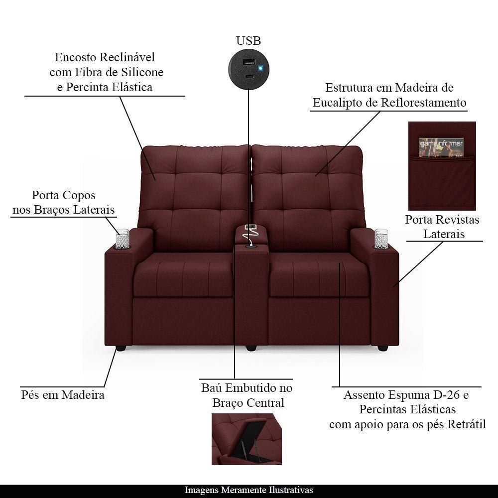 Poltrona Do Papai Reclinável Sala De Cinema 2 Lugares Manual Baú Usb Veludo Vinho - 8