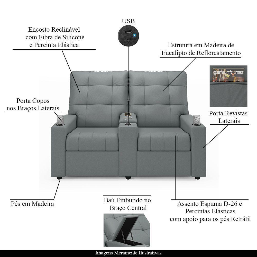 Poltrona Do Papai Reclinável Sala De Cinema 2 Lugares Manual Baú Usb Pu Cinza - 4