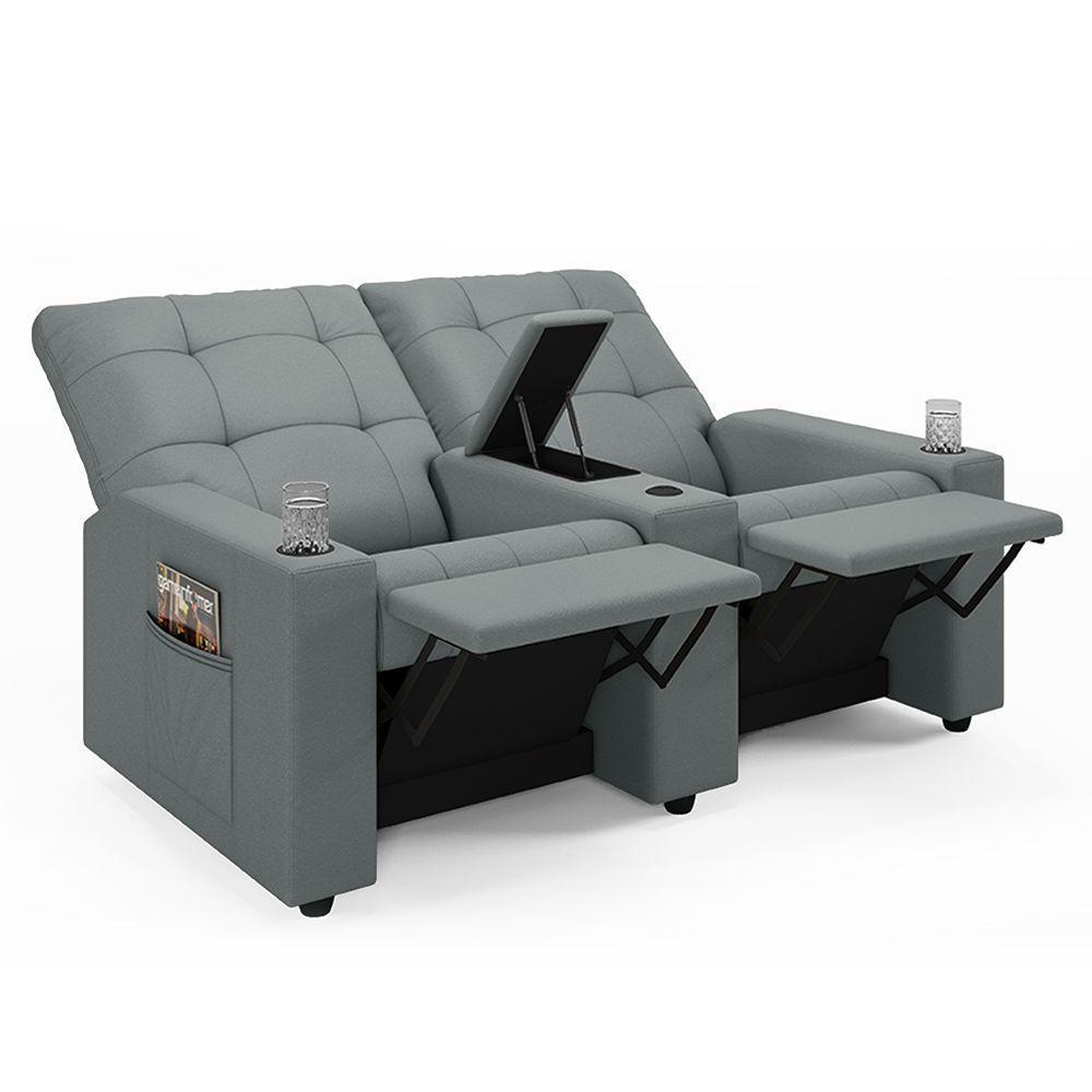 Poltrona Do Papai Reclinável Sala De Cinema 2 Lugares Manual Baú Usb Pu Cinza - 7
