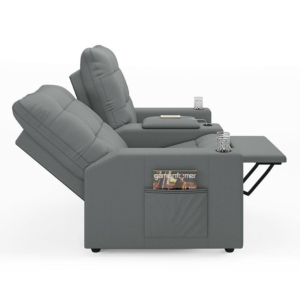 Poltrona Do Papai Reclinável Sala De Cinema 2 Lugares Manual Baú Usb Pu Cinza - 8