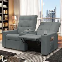 Poltrona Do Papai Reclinável Sala De Cinema 2 Lugares Manual Baú Usb Pu Cinza - 1