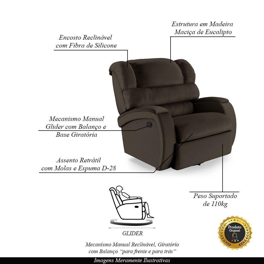 Poltrona Do Papai Sala De Cinema Reclinável Manchester Glider Manual Giratória Pu Marrom - 6