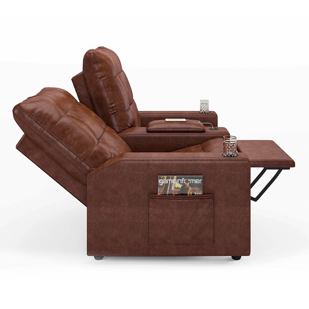 Poltrona Do Papai Reclinável Sala De Cinema 2 Lugares Manual Baú Usb Pu Marrom Brilho - 3