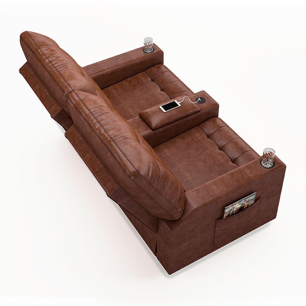 Poltrona Do Papai Reclinável Sala De Cinema 2 Lugares Manual Baú Usb Pu Marrom Brilho - 5