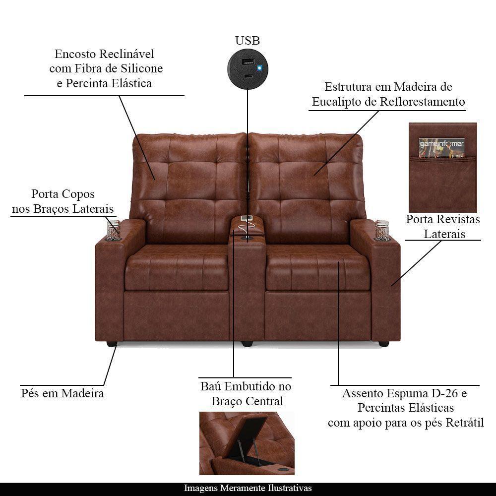 Poltrona Do Papai Reclinável Sala De Cinema 2 Lugares Manual Baú Usb Pu Marrom Brilho - 6