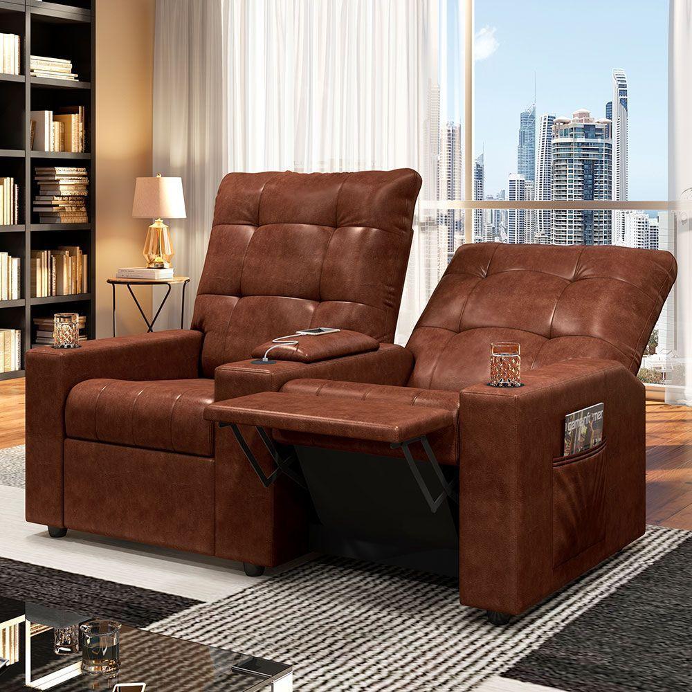 Poltrona Do Papai Reclinável Sala De Cinema 2 Lugares Manual Baú Usb Pu Marrom Brilho - 7