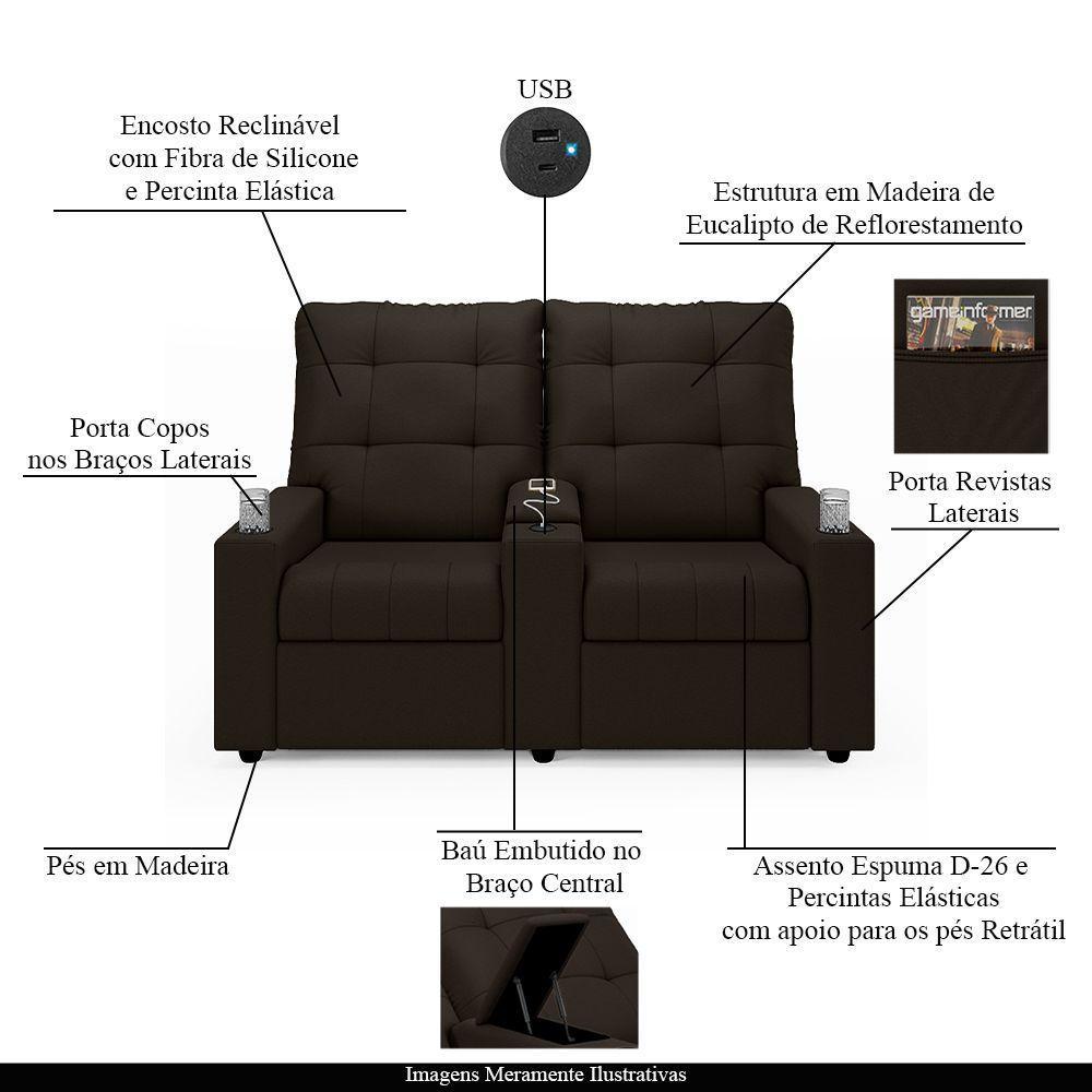 Poltrona Do Papai Reclinável Sala De Cinema 2 Lugares Manual Baú Usb Pu Marrom - 6