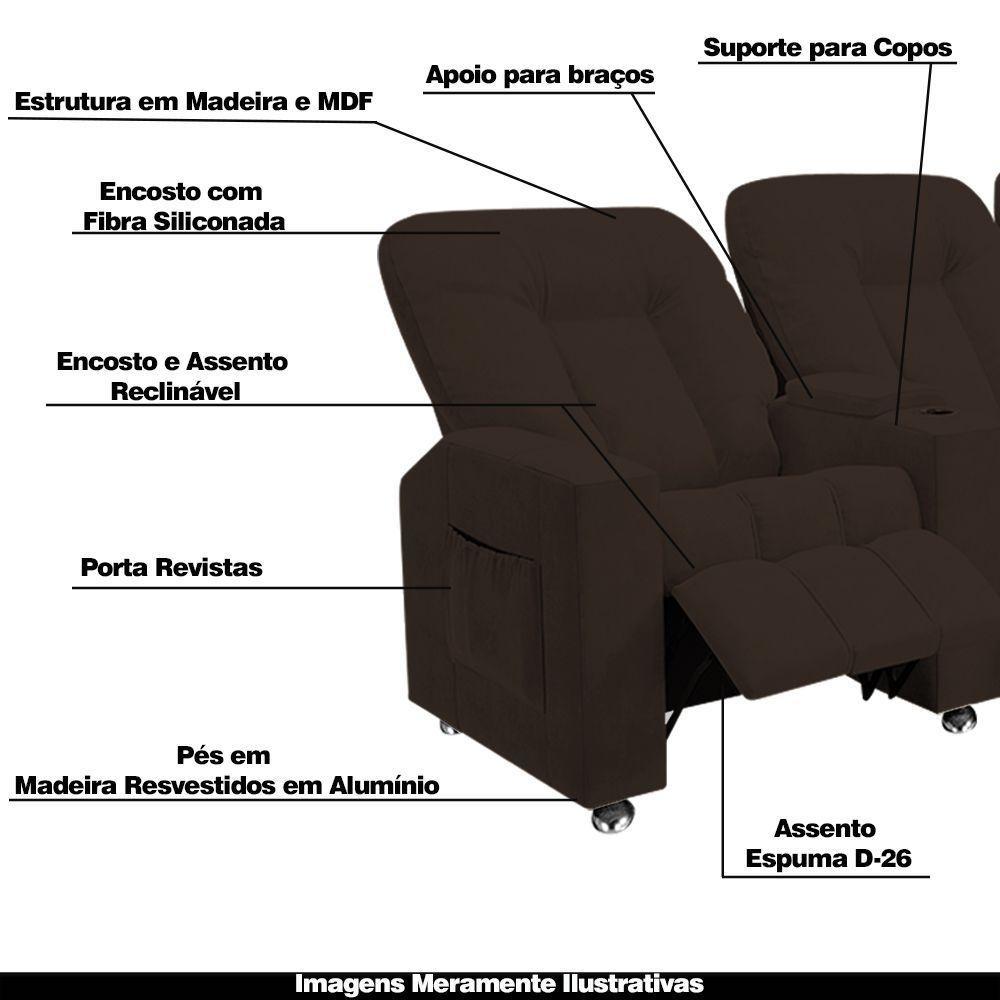 Poltrona Reclinável 3 Lugares Para Sala De Cinema Arsenal Veludo Marrom - 6