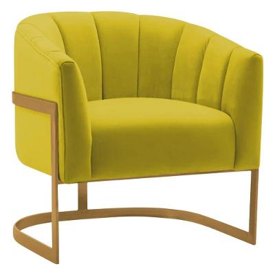 Poltrona Decorativa Sala De Estar Recepção Mavie Base De Ferro Dourado Suede Adj Decor Amarelo