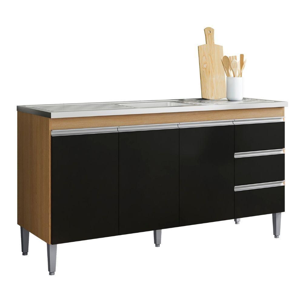 Balcão Para Pia Andréia 150 Cm 3 Portas Amendoa Preto Ajl - 1