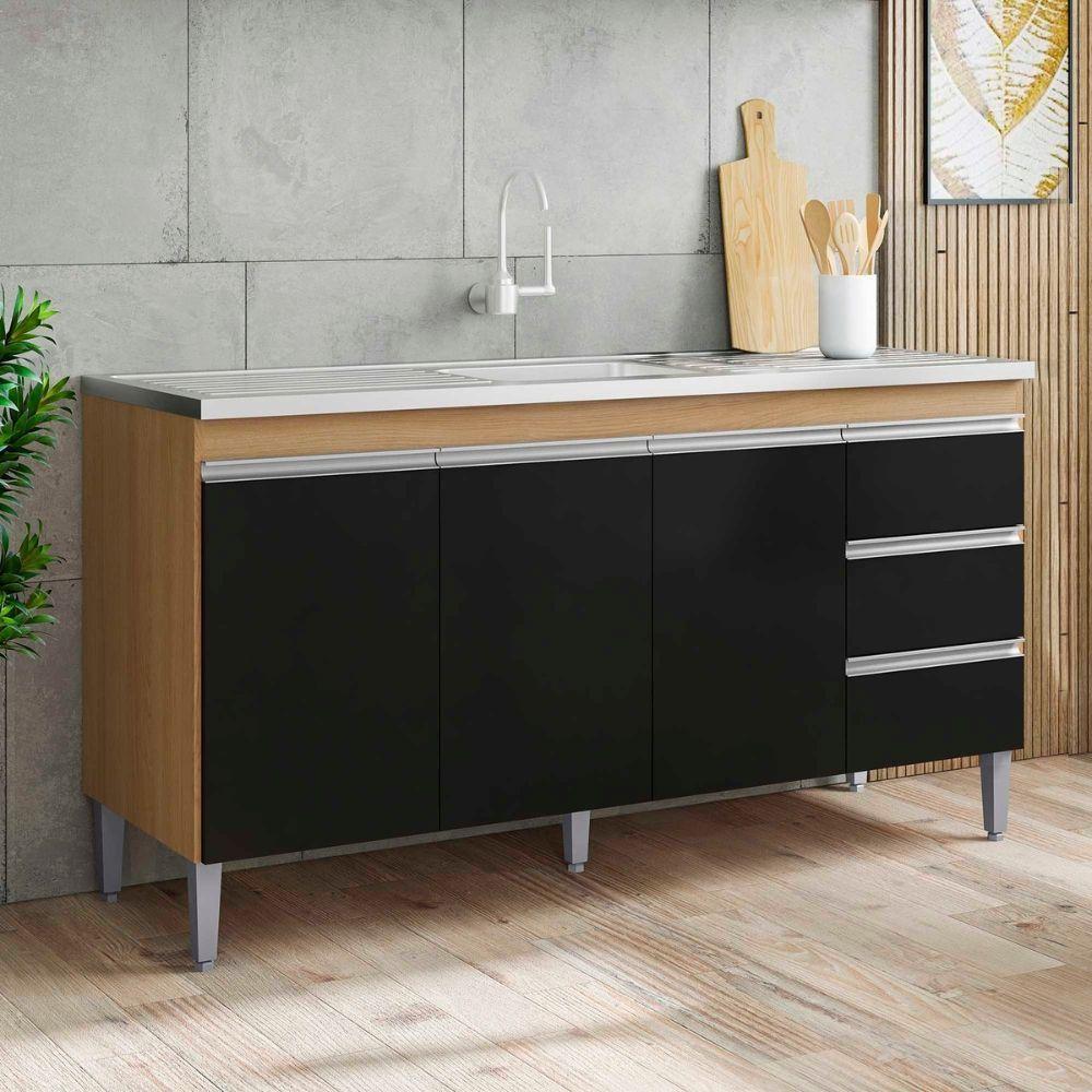 Balcão Para Pia Andréia 150 Cm 3 Portas Amendoa Preto Ajl - 2