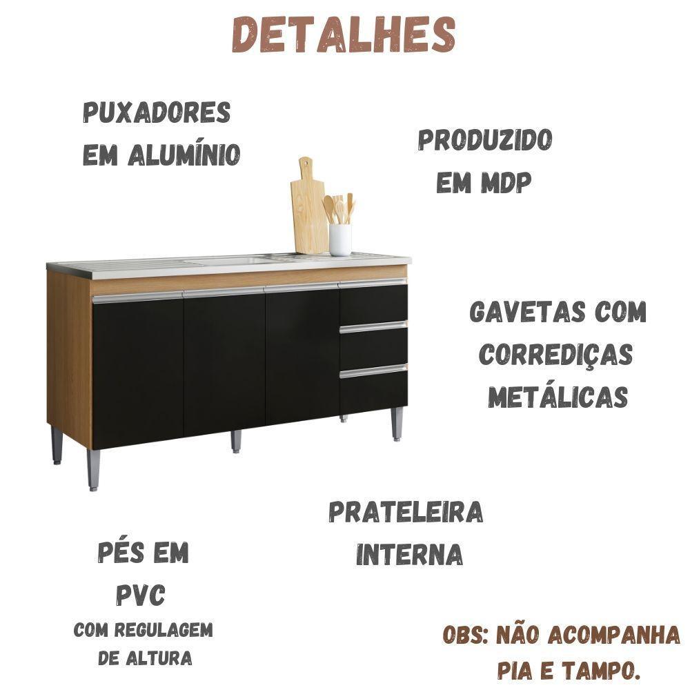 Balcão Para Pia Andréia 150 Cm 3 Portas Amendoa Preto Ajl - 4