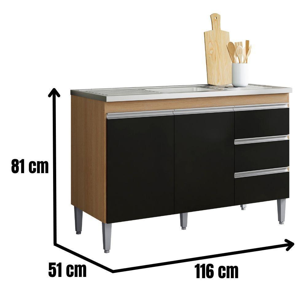 Balcão Para Pia Andréia 120 Cm 2 Portas Amendoa Preto Ajl - 3