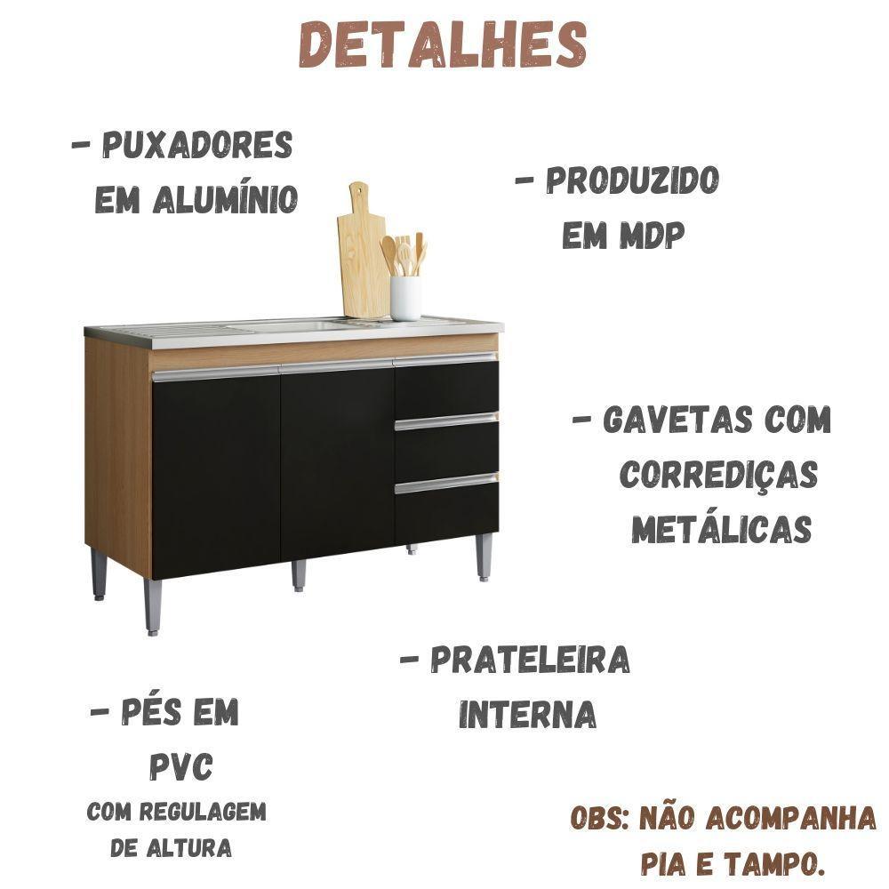 Balcão Para Pia Andréia 120 Cm 2 Portas Amendoa Preto Ajl - 4