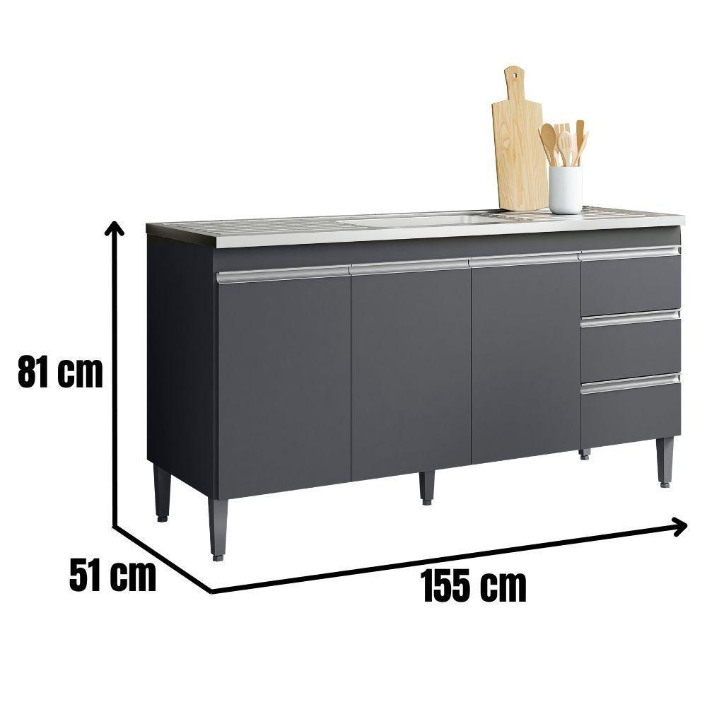 Balcão Para Pia Andréia 160 Cm 3 Portas Cinza Ajl - 4