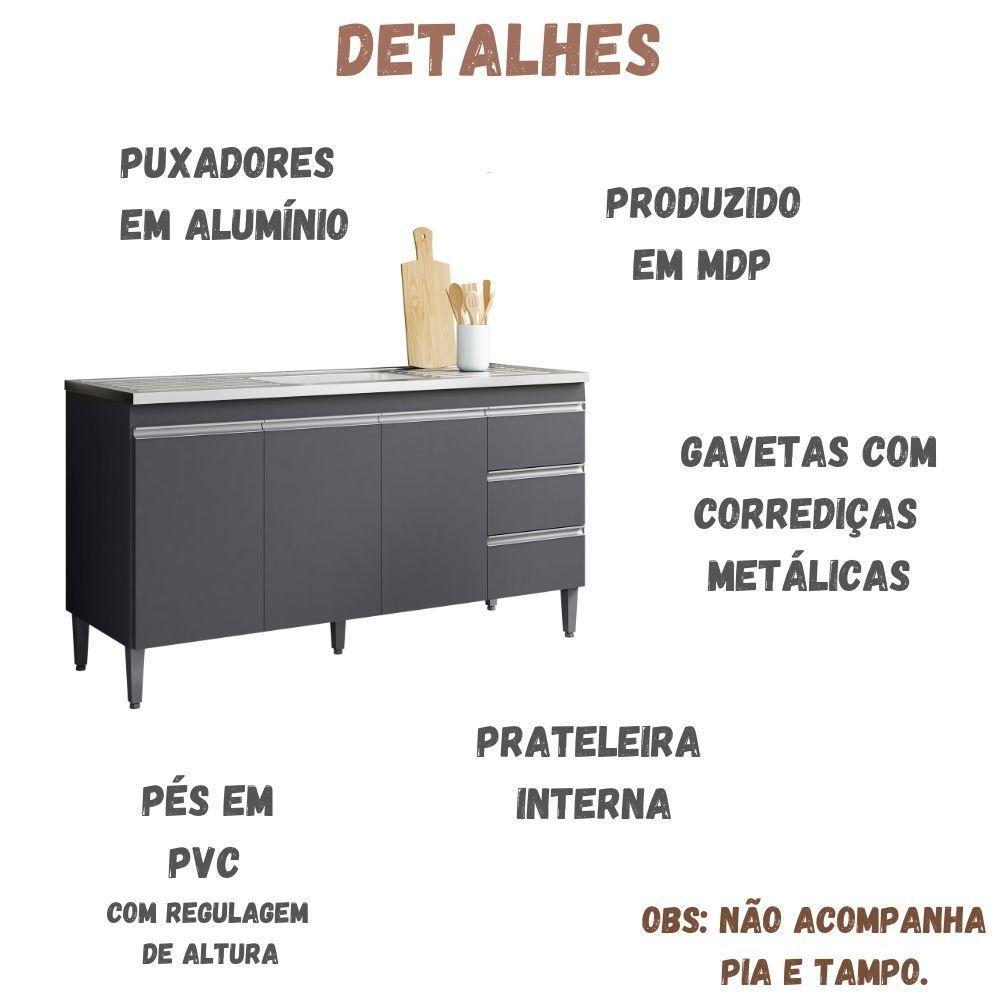 Balcão Para Pia Andréia 160 Cm 3 Portas Cinza Ajl - 5