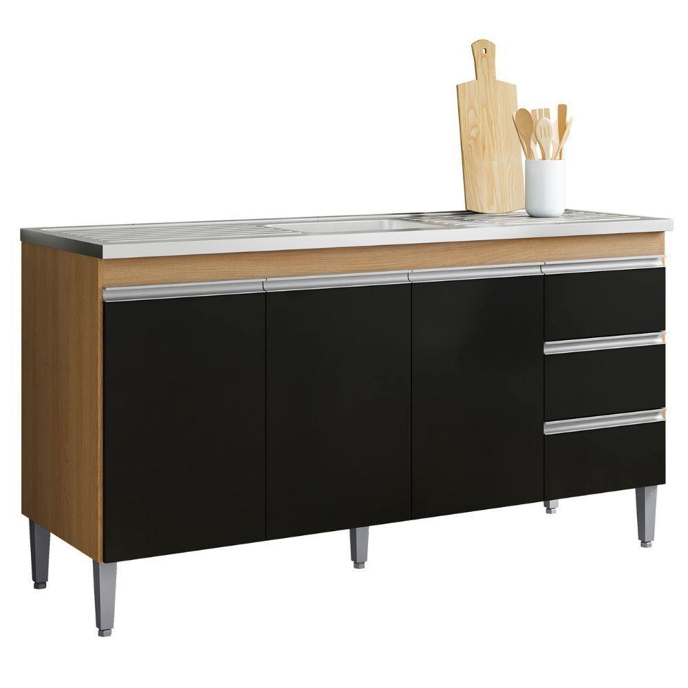 Balcão Para Pia Andréia 160 Cm 3 Portas Amendoa Preto Ajl - 1