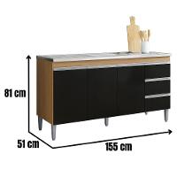 Balcão Para Pia Andréia 160 Cm 3 Portas Amendoa Preto Ajl - 3