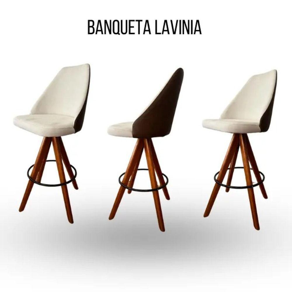 Banqueta Lavínia Giratória Revestida Em Tecido Linho Bege C- Detalhe Courino Marrom - 3