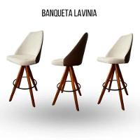 Banqueta Lavínia Giratória Revestida Em Tecido Linho Bege C- Detalhe Courino Marrom - 3