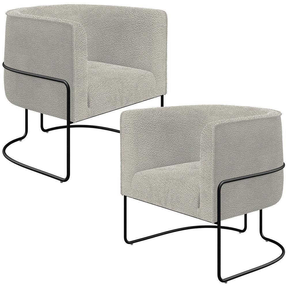 Kit 02 Poltronas Para Sala De Estar Fixa Base Aço Preto Betina D02 Bouclê Creme - Lyam Decor - 1