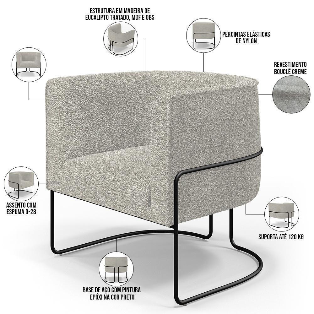 Kit 02 Poltronas Para Sala De Estar Fixa Base Aço Preto Betina D02 Bouclê Creme - Lyam Decor - 7