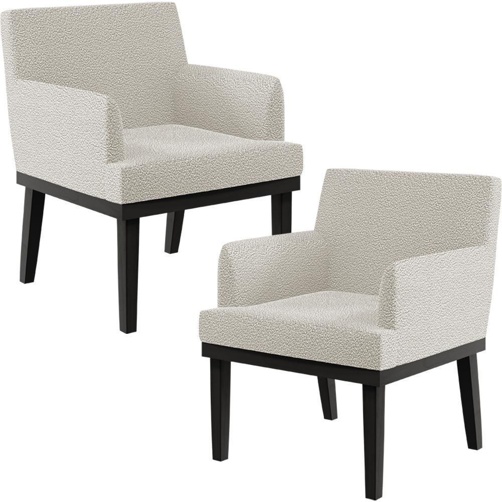 Kit 02 Poltronas Decorativas Sala De Estar Base Preto Beatriz W01 Bouclê Creme - Lyam Decor - 1