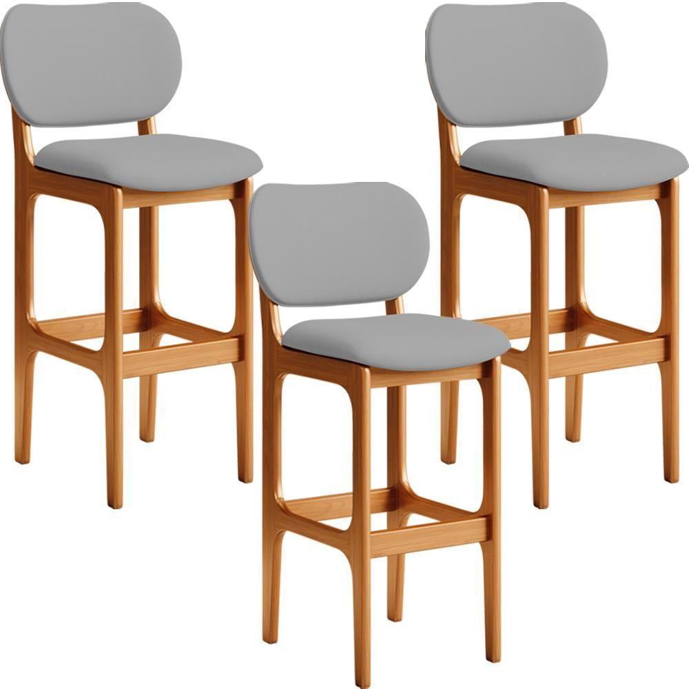 Kit 03 Banquetas Alta Para Cozinha Madeira Fixa Betta L02 Imbuia Corano Cinza - Lyam Decor - 1