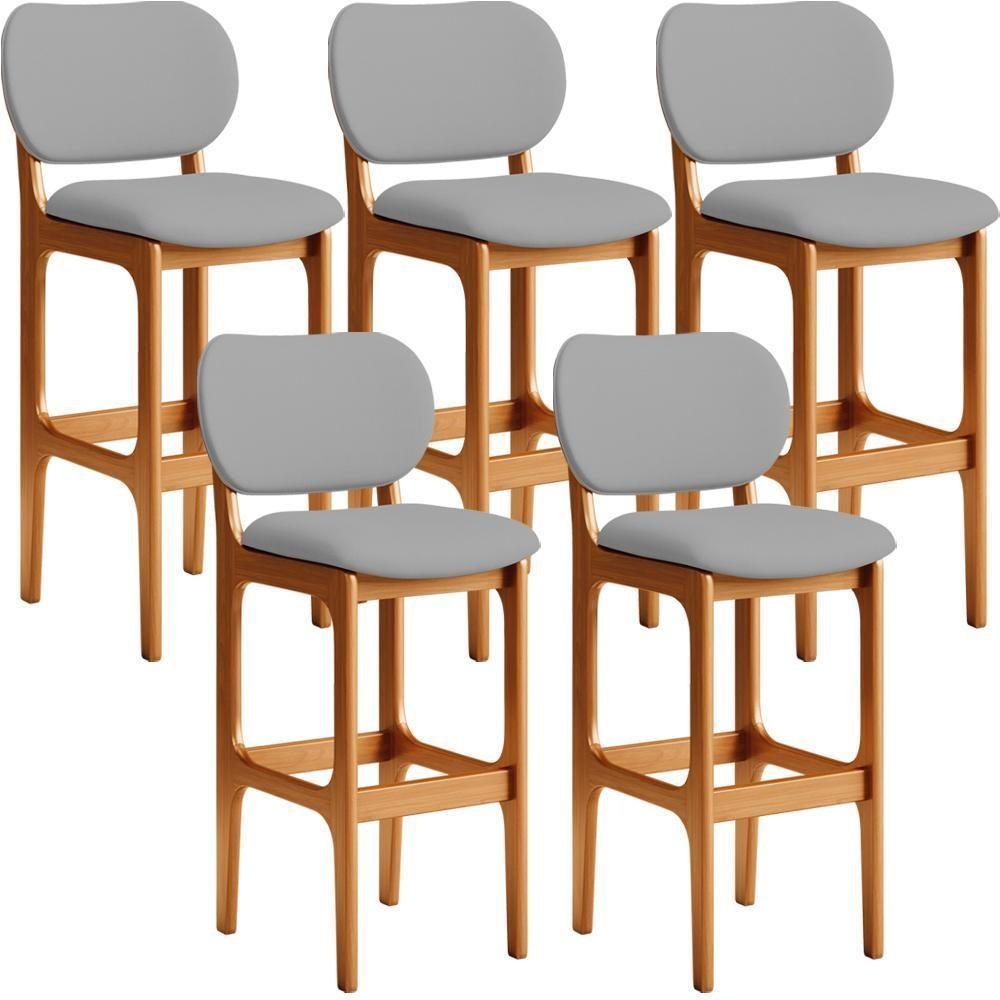Kit 05 Banquetas Alta Para Cozinha Madeira Fixa Betta L02 Imbuia Corano Cinza - Lyam Decor - 1